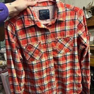 American Eagle Orange Plaid Button-Up Flannel Shirt